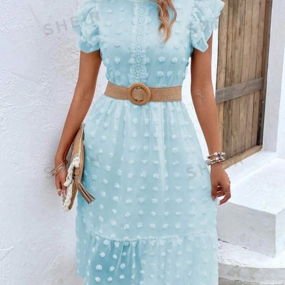SHEIN Blue Ruffle Trim Swiss Dot Dress